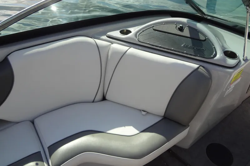 Slide: The Image of Interior seating of 2022 Sanger V237 S boat with gray and white upholstery. - 13