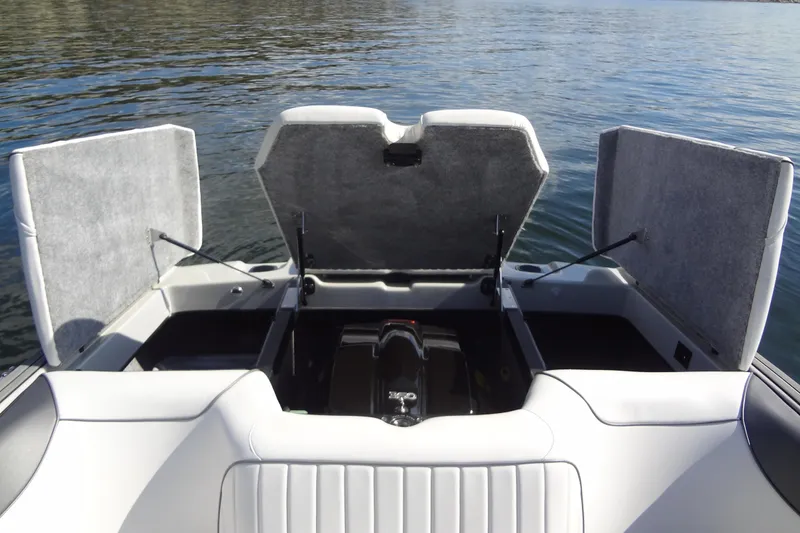 Slide: The Image of 2022 Sanger V237 S boat engine compartment open on calm water. - 19