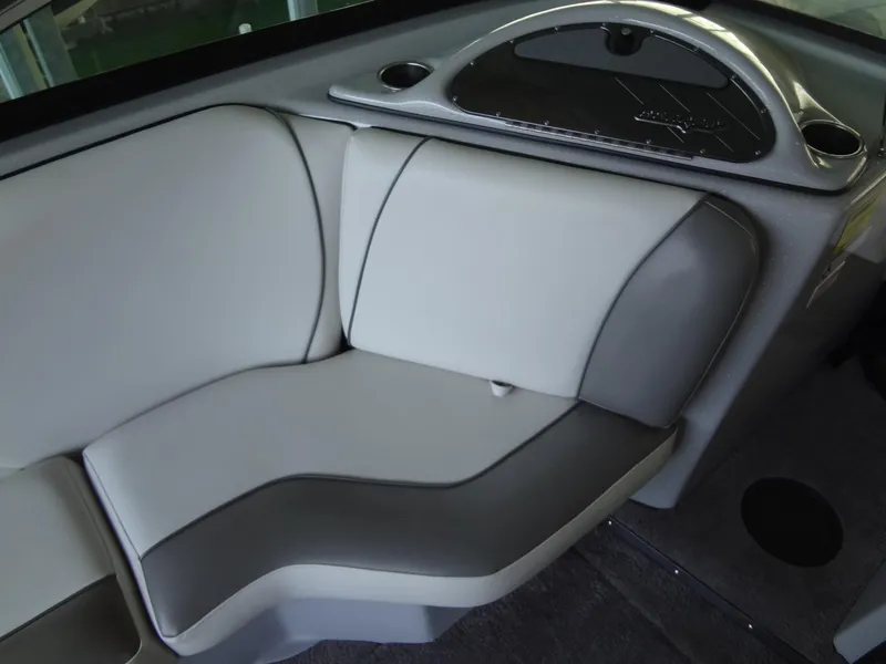Slide: The Image of 2022 Sanger V237 S boat interior with gray seating and sleek design. - 32