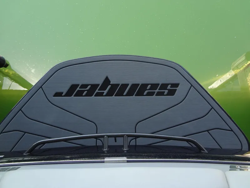 Slide: The Image of Sanger V237 S 2022 boat platform with "Jabues" logo on green water. - 48