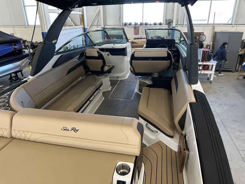 Slide: The Image of Interior of 2025 Sea Ray 280SLX boat with luxurious seating and modern design. - 5