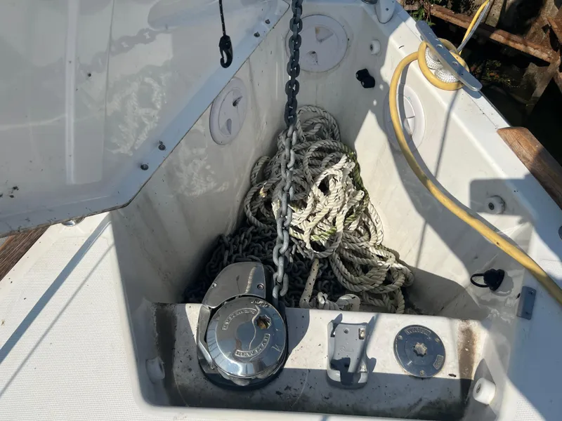 Slide: The Image of Anchor locker of 2021 Dufour 360 sailboat with chain and rope. - 17