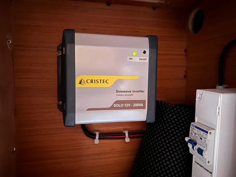 Slide: The Image of Cristec sinewave inverter in Dufour 360 yacht, 2021 model, installed in wooden compartment. - 35
