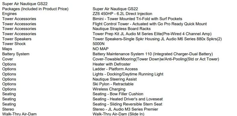Slide: The Image of 2025 Nautique Super Air Nautique GS22 features and accessories list, including engine and seating options. - 14