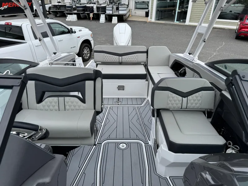 Slide: The Image of 2025 Monterey 255 Super Sport boat interior with modern seating and sleek design. - 2