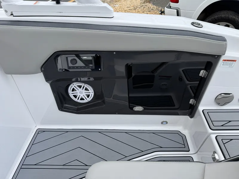 Slide: The Image of 2025 Monterey 255 Super Sport boat interior with sleek design and modern audio system. - 6