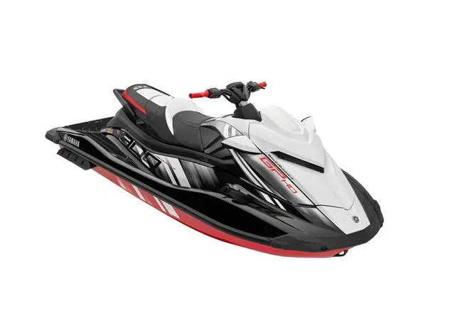Slide: The Image of 2024 Yamaha Waverunner GP HO with Audio, sleek black and white design, side view. - 36
