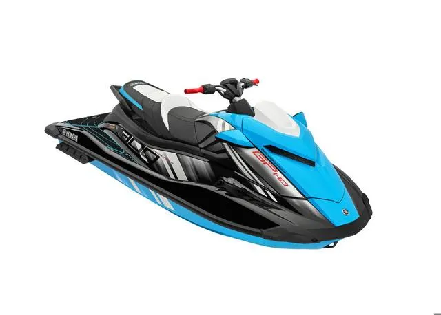 Slide: The Image of 2024 Yamaha Waverunner GP HO with Audio, blue and black design, side view. - 39