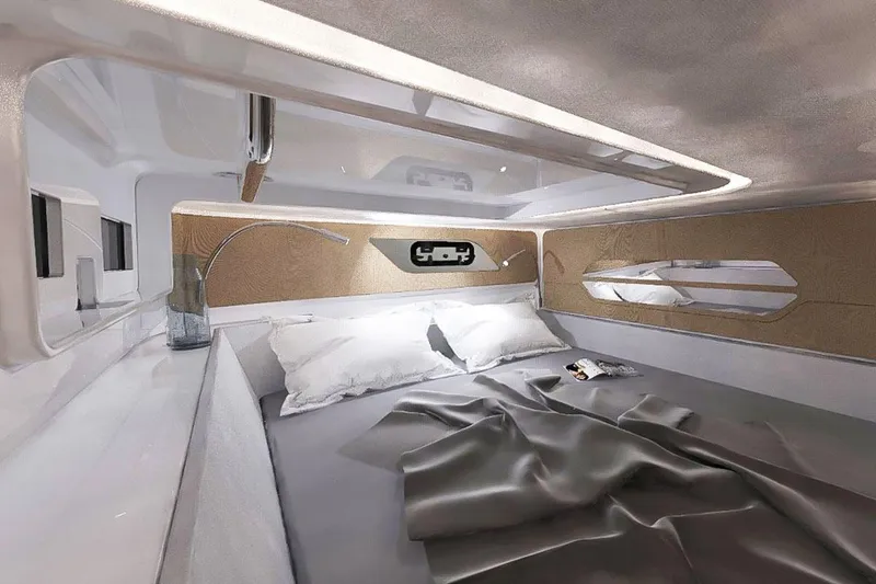 Slide: The Image of Luxurious cabin interior of 2025 STERK 31 WB Sport yacht with modern bedding and ambient lighting. - 26