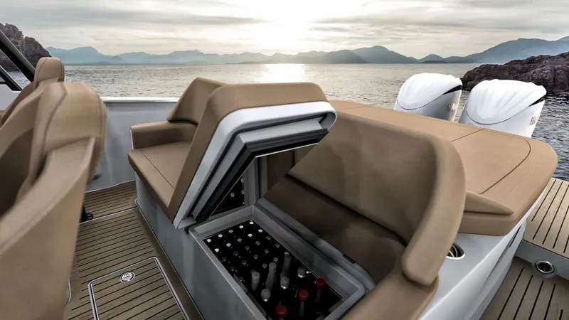 Slide: The Image of Luxury STERK 31 WB Sport boat interior with open storage, scenic ocean view, 2025 model. - 29