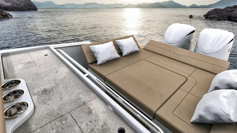 Slide: The Image of Luxurious STERK 31 WB Sport 2025 yacht with sunbed, ocean view, and twin engines at sunset. - 30