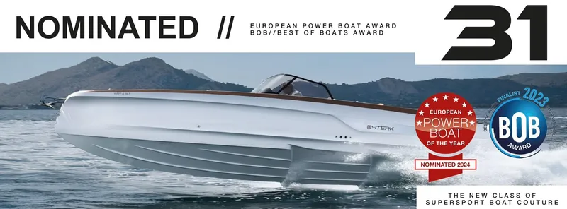 Slide: The Image of STERK 31 WB Sport 2025, nominated for European Power Boat and BOB Awards, cruising on water. - 36