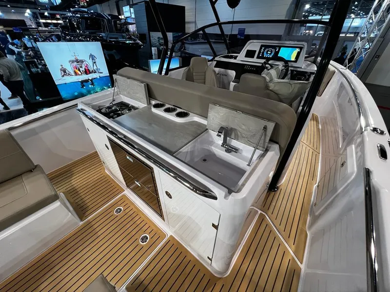 Slide: The Image of 2025 STERK 31 WB Sport boat interior with modern amenities and sleek design. - 46