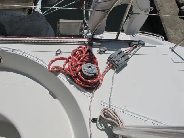 Slide: The Image of Deck of 2000 Alliaura Privilege 37 catamaran with ropes and winch. - 32
