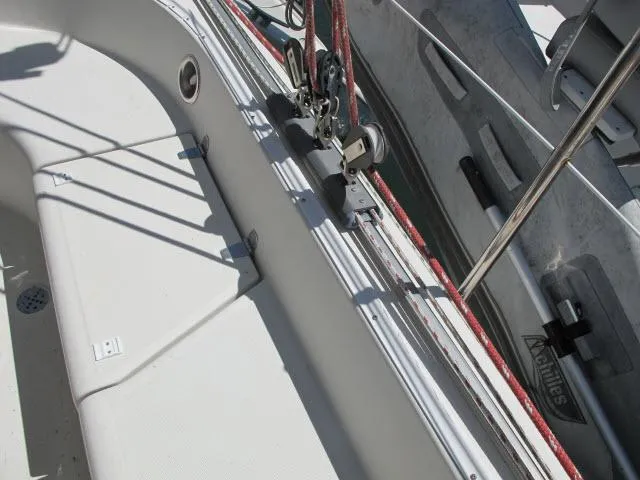 Slide: The Image of Alliaura Privilege 37 sailboat deck, featuring rigging and seating, 2000 model. - 33