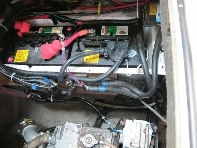 Slide: The Image of Battery compartment of 2000 Alliaura Privilege 37 catamaran with wiring and connections. - 48