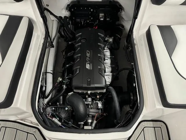 Slide: The Image of 2025 Yamaha Boats 195S engine compartment with sleek design and advanced technology. - 17