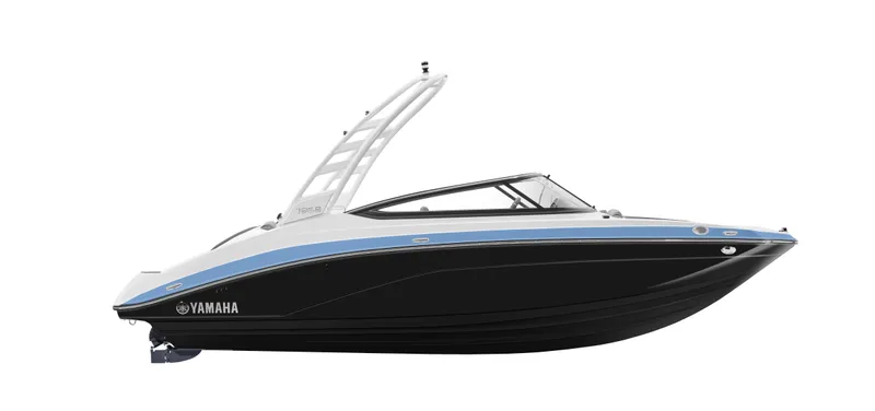 Slide: The Image of 2025 Yamaha Boats 195S, sleek black and white design, side view. - 25