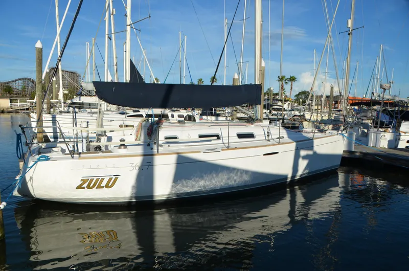 Slide: The Image of 2002 Beneteau First 36.7 sailboat docked in a marina, named "Zulu." - 5