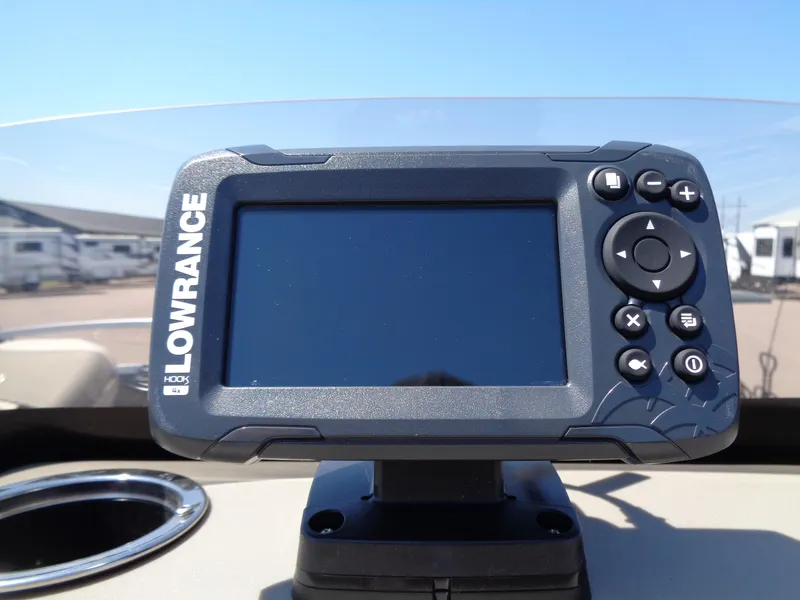 Slide: The Image of Lowrance fish finder on 2025 Sun Tracker Bass Buggy 16 XL Select boat dashboard. - 6