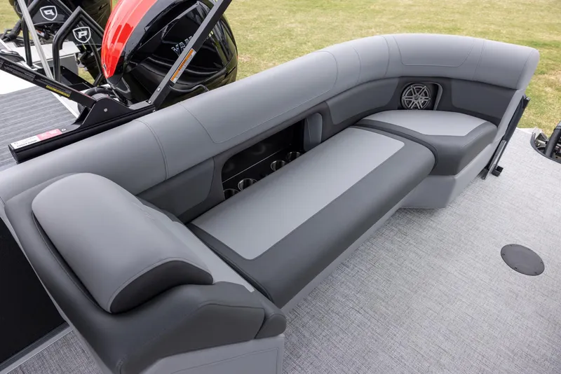 Slide: The Image of Luxurious seating on 2025 Premier 250 Solaris RF boat, featuring sleek gray upholstery and modern design. - 12