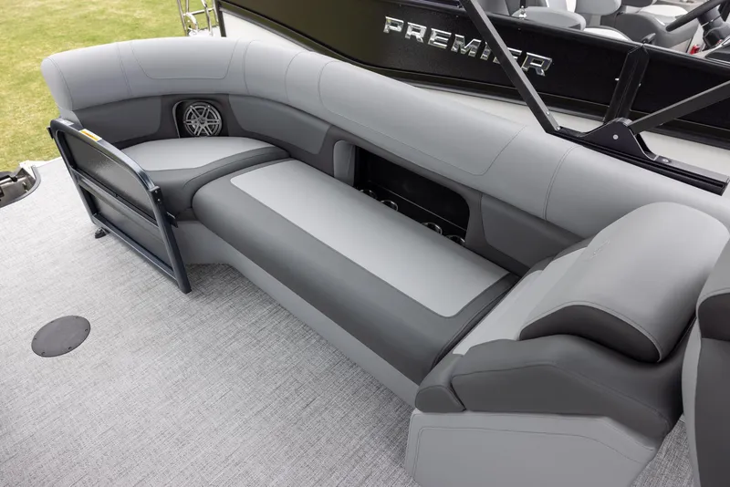 Slide: The Image of 2025 Premier 250 Solaris RF boat interior with gray seating and modern design. - 13