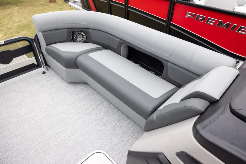 Slide: The Image of 2025 Premier 250 Solaris RF boat interior with gray seating and modern design. - 7