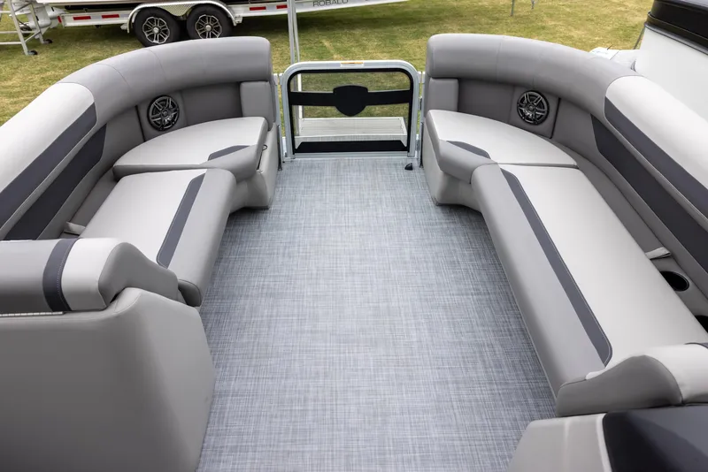 Slide: The Image of 2025 Premier 220 Sunscape RF interior with gray seating and modern design. - 10