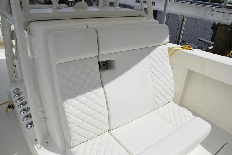 Slide: The Image of 2017 SeaVee 370z boat with white quilted seating and sleek design. - 20
