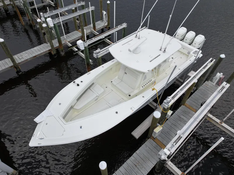 Slide: The Image of Aerial view of 2017 SeaVee 370z boat docked at marina. - 5