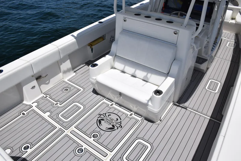 Slide: The Image of 2017 SeaVee 390Z boat interior with custom deck design and seating. - 34