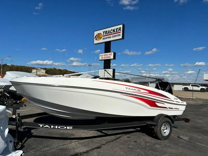 Slide: The Image of 2024 Tahoe T18 boat on trailer at Tracker Boating Center. - 1