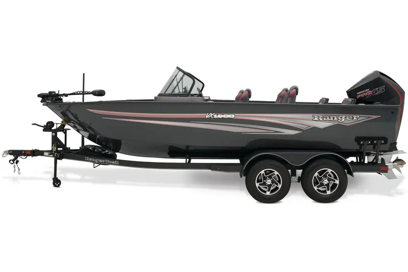 Slide: The Image of 2024 Ranger VX1988 WT boat with powerful outboard motor, sleek design, and spacious seating. - 6