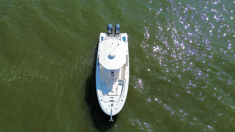 Slide: The Image of Aerial view of 2019 Wellcraft 262 Fisherman boat on green water. - 6