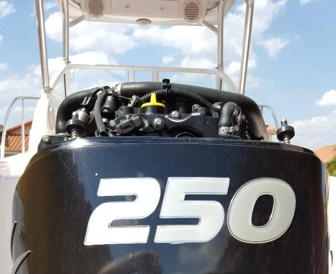 Slide: The Image of 2011 Pro-Line 23 Express boat with a 250 horsepower engine, under a clear sky. - 3