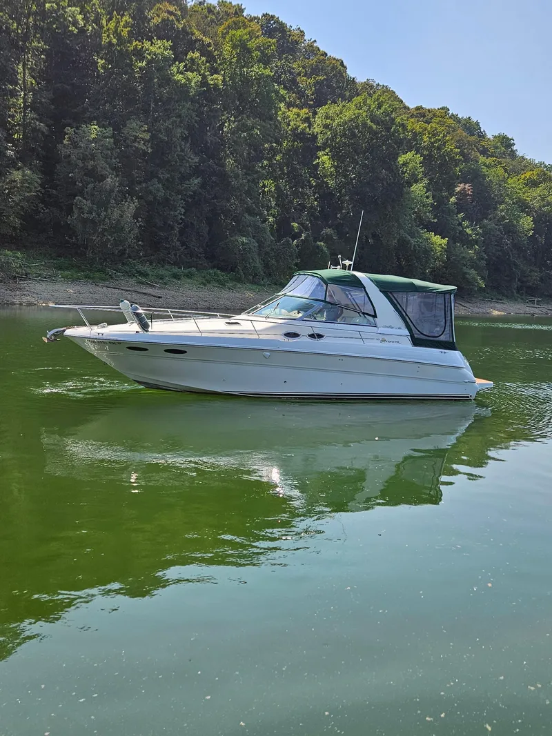 Slide: The Image of 2000 Sea Ray 310 Sundancer boat on calm green water near forested shoreline. - 3