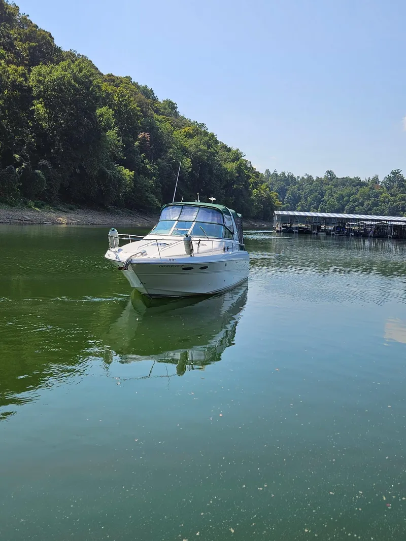 Slide: The Image of 2000 Sea Ray 310 Sundancer cruising on a serene lake. - 4