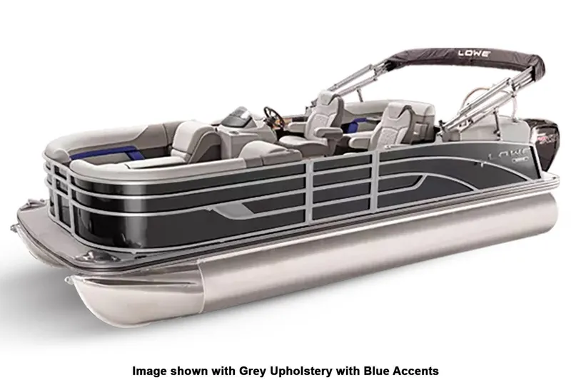 Slide: The Image of 2024 Lowe SS 210 WT pontoon boat with grey upholstery and blue accents. - 3