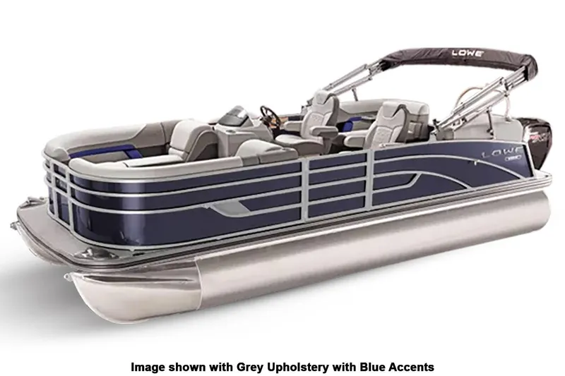 Slide: The Image of 2024 Lowe SS 210 WT pontoon boat with grey upholstery and blue accents. - 4