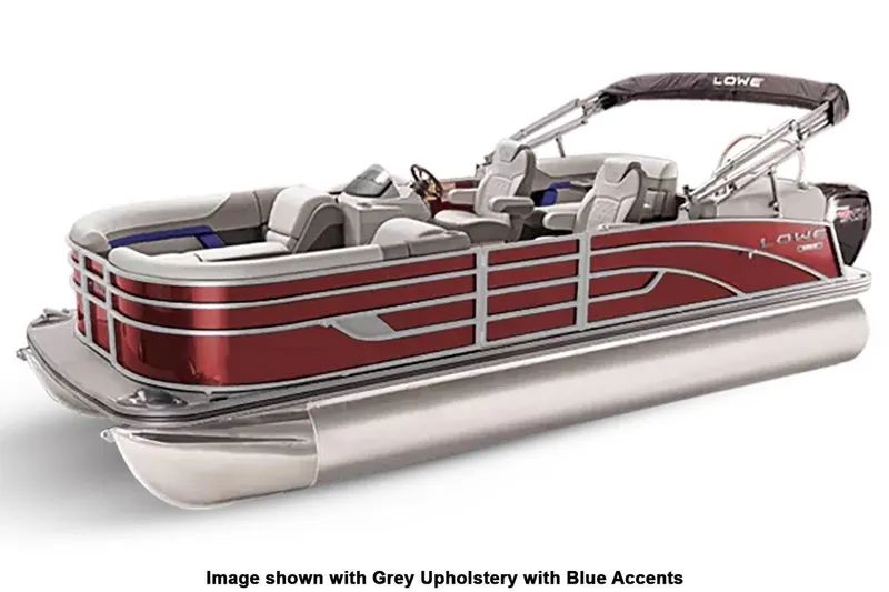 Slide: The Image of 2024 Lowe SS 210 WT pontoon boat with grey upholstery and blue accents. - 5