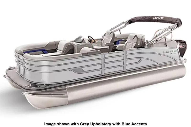 Slide: The Image of 2024 Lowe SS 210 WT pontoon boat with grey upholstery and blue accents. - 6