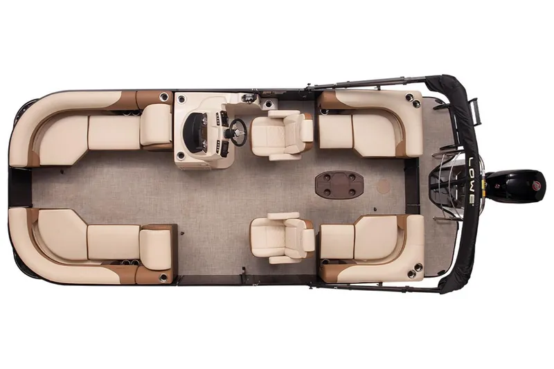 Slide: The Image of 2024 Lowe SS 210 WT pontoon boat, top view, beige seating, spacious layout. - 7