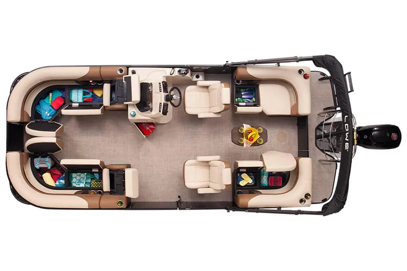 Slide: The Image of 2024 Lowe SS 210 WT pontoon boat interior with seating and storage compartments. - 8