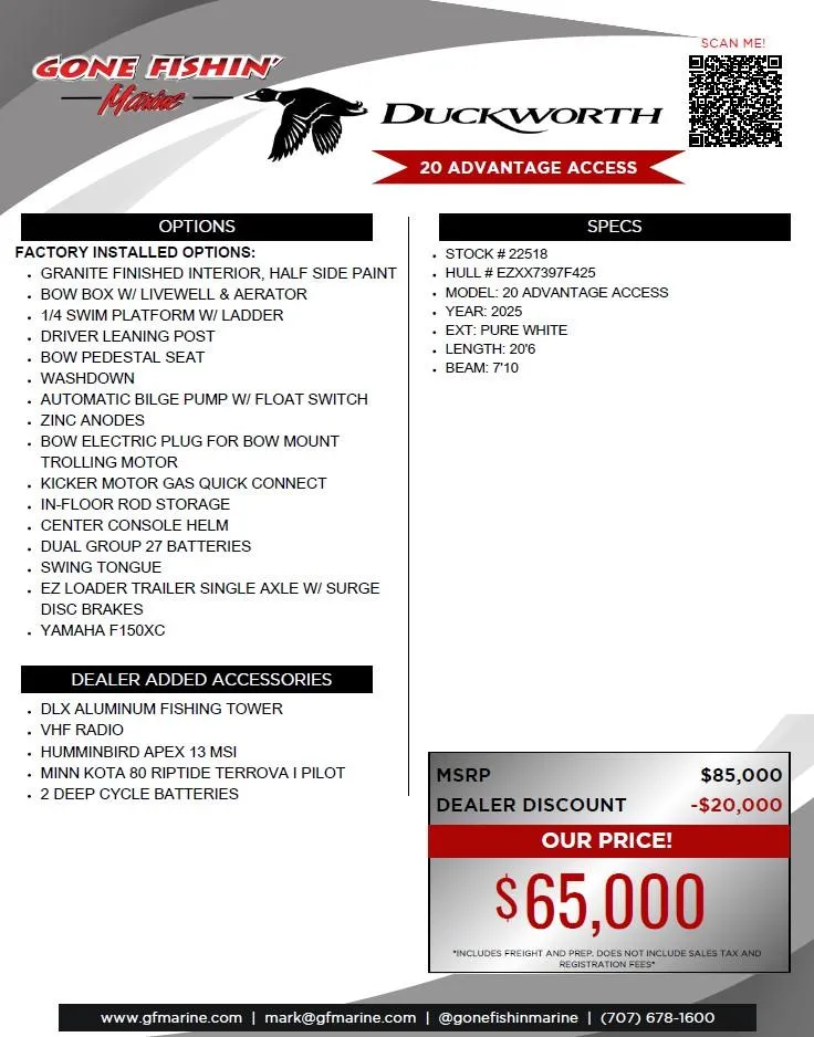Slide: The Image of Duckworth 20 Advantage Access 2025 boat features, specs, and pricing details with dealer discount. - 27