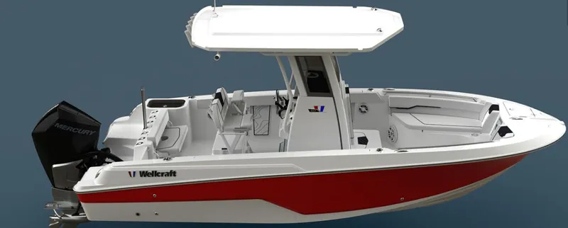 Slide: The Image of 2025 Wellcraft 223 Fisherman boat with red and white design, side view. - 5