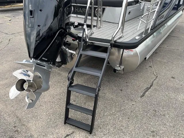 Slide: The Image of 2025 Harris Grand Mariner 250 pontoon boat with ladder and outboard motor. - 4