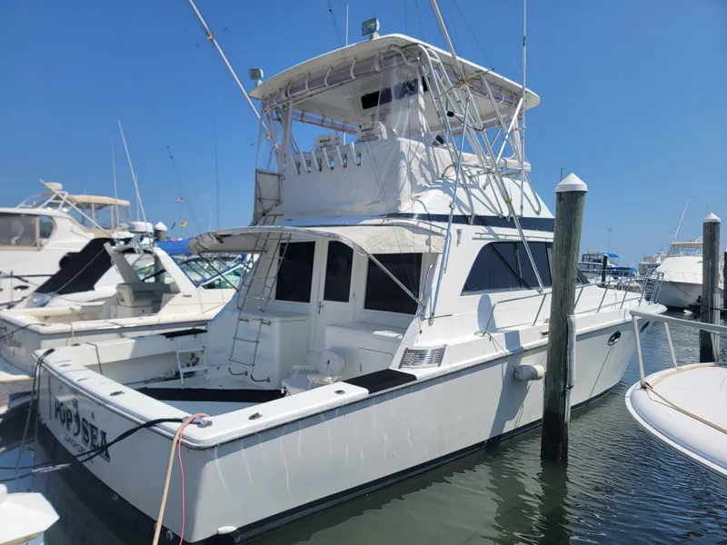 The Image of 1989 Trojan 46 Sportfish yacht docked at marina under clear blue sky. - 1