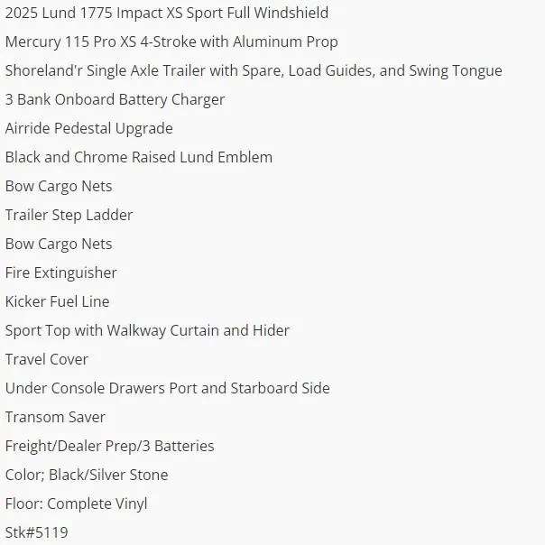 Slide: The Image of 2025 Lund 1775 Impact XS Sport features and accessories list. - 4