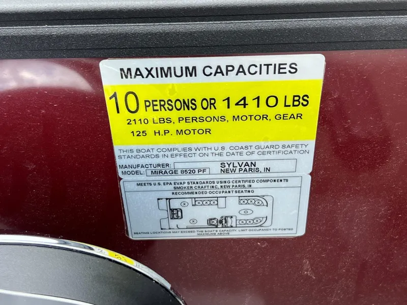 Slide: The Image of 2023 Sylvan 8520 Party Fish capacity label: 10 persons or 1410 lbs, 125 HP motor. - 14