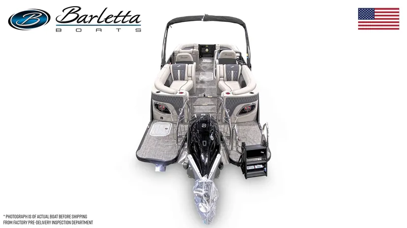 Slide: The Image of 2025 Barletta Lusso 23QCSS luxury pontoon boat, top view, with elegant seating and modern design. - 3